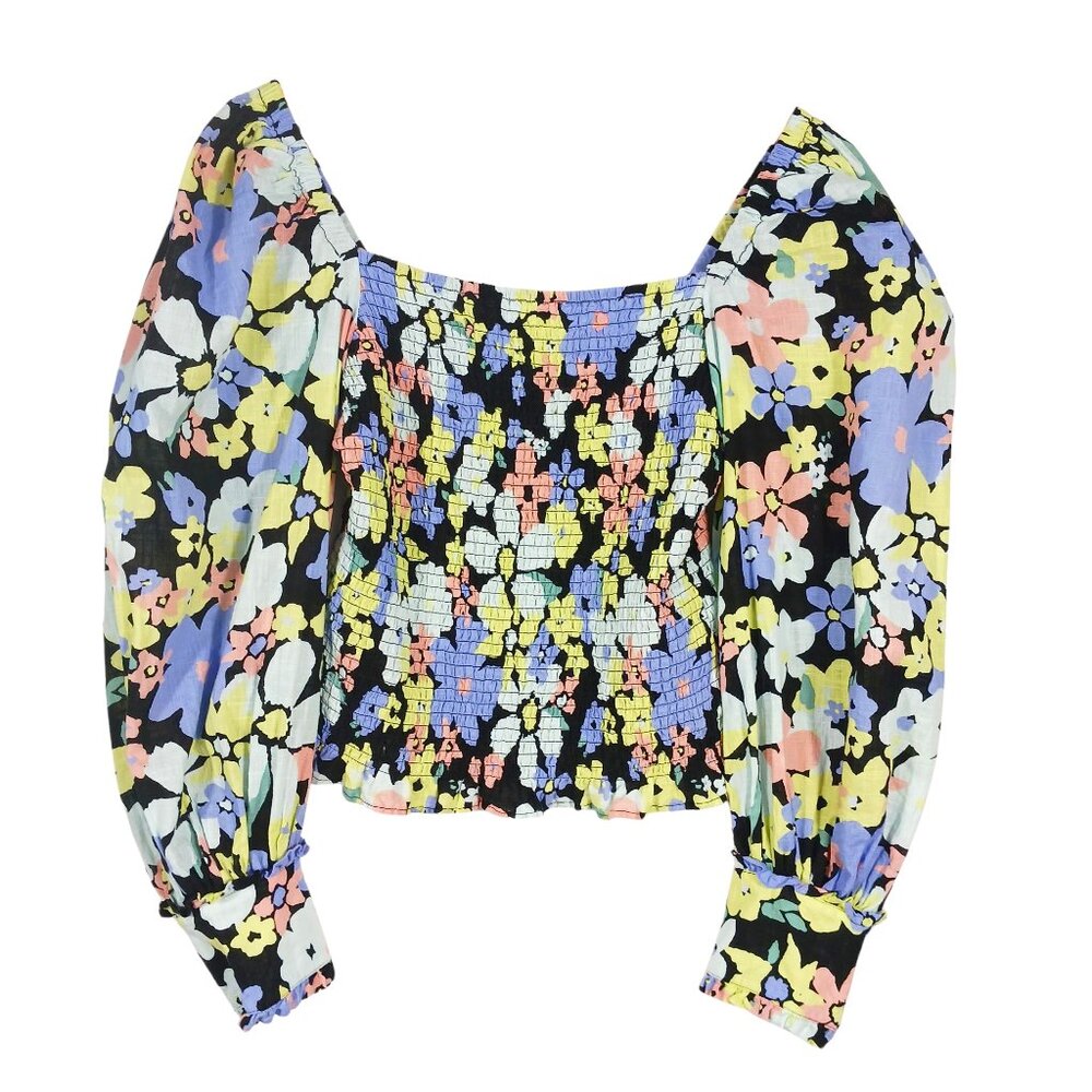 Free People Ariana S Floral Print Top Long Puffy Sleeves Smocked Bodice Festival